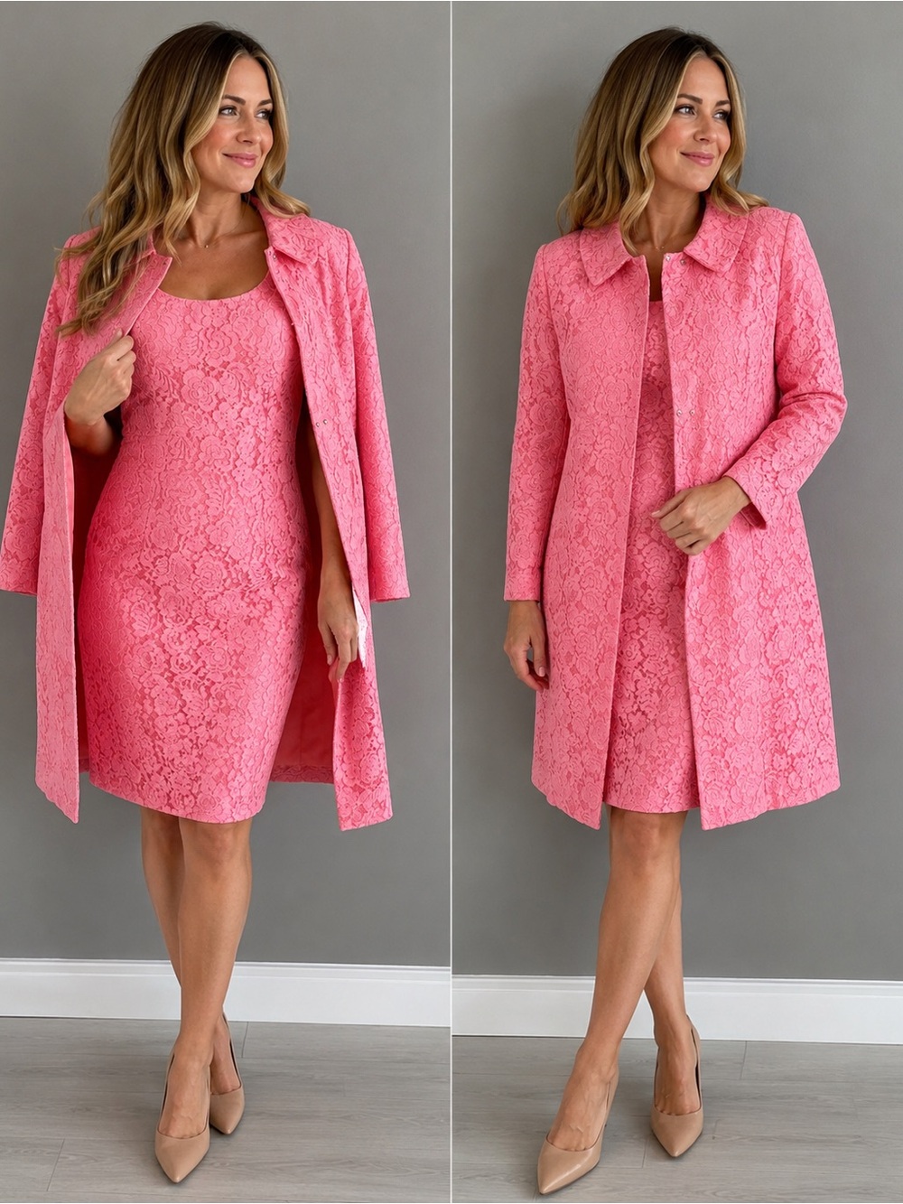 Vintage Nu-Mode Toronto Canada Pink Lace Dress & Matching Jacket Set | 2-Piece